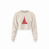 Minimal Christmas Tree Crop Sweatshirt — Krem — Ön baskı