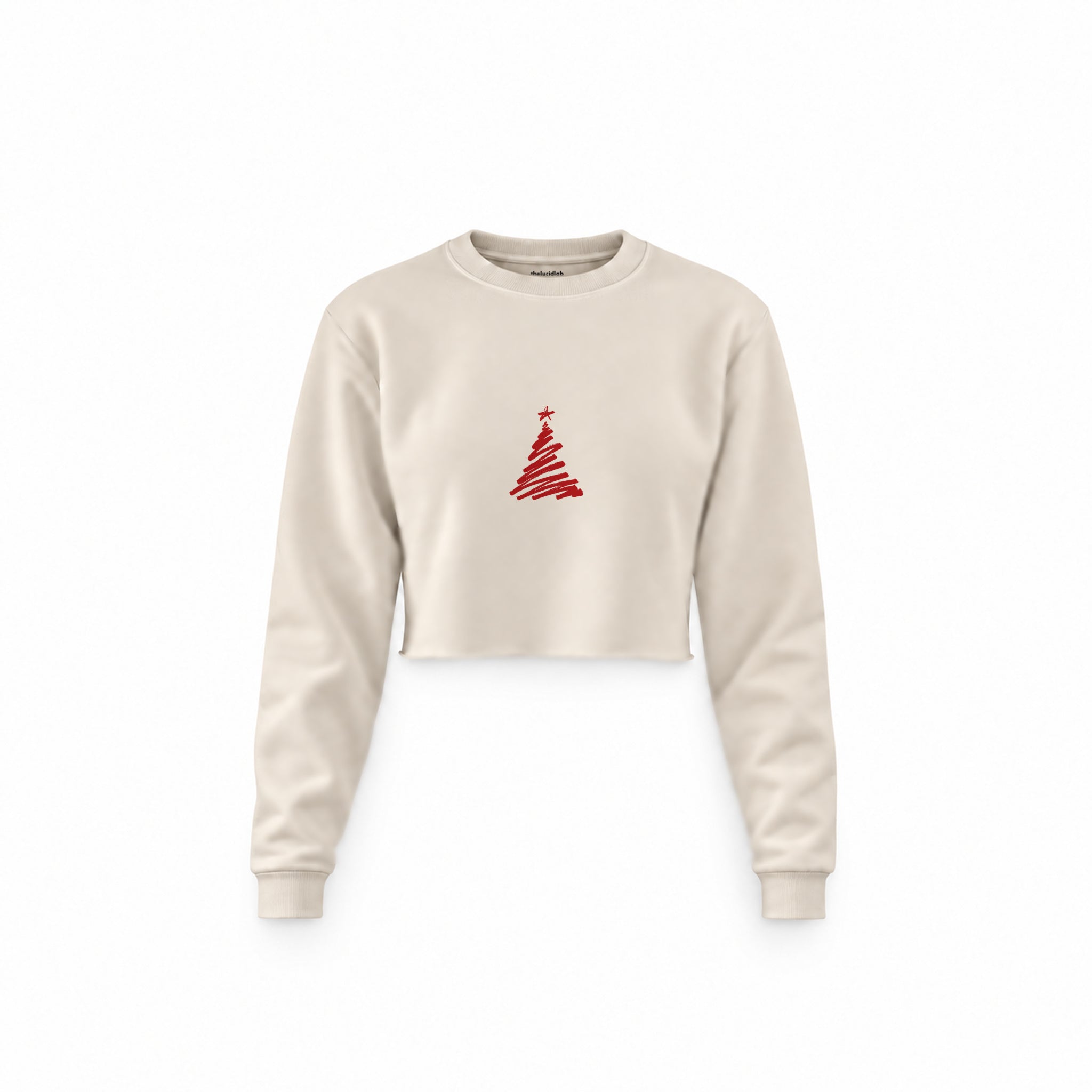 Minimal Christmas Tree Crop Sweatshirt — Krem — Ön baskı