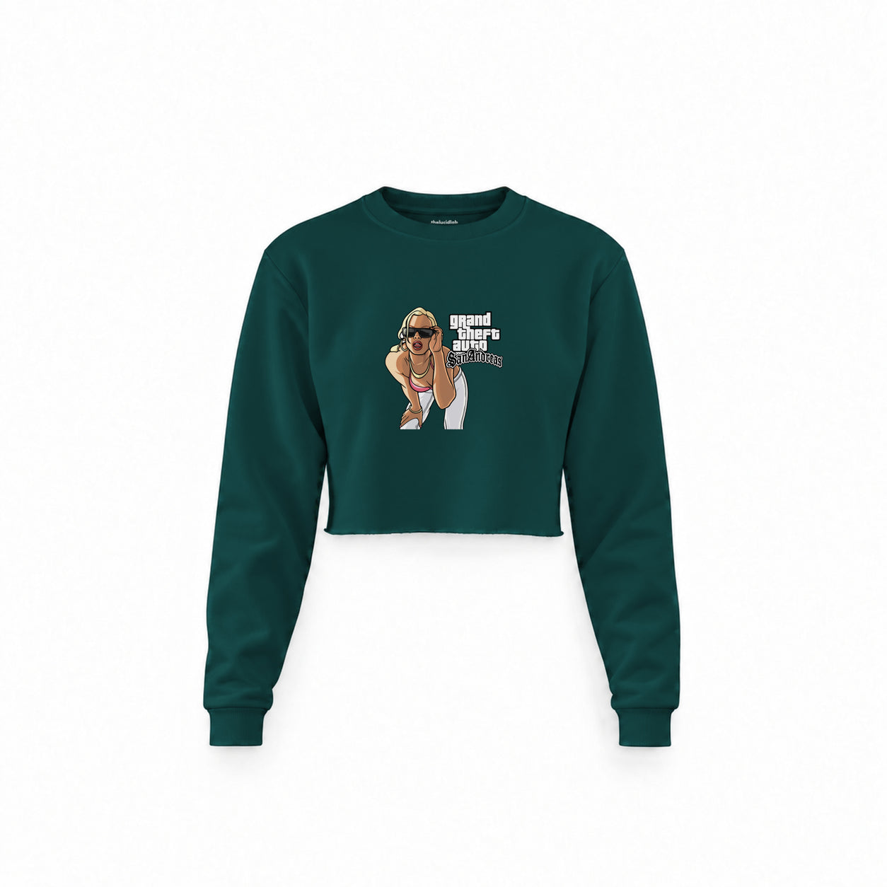 GTA San Andreas Crop Sweatshirt — Koyu Yeşil — Ön baskı