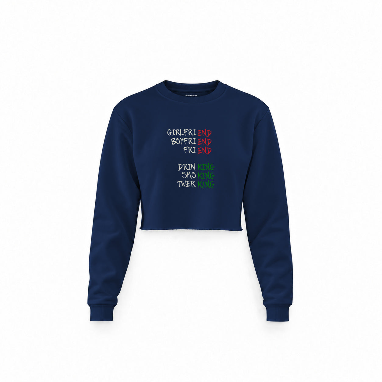 End And King Crop Sweatshirt — Lacivert — Ön baskı