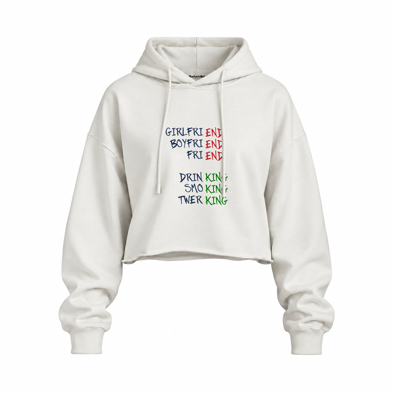 End And King Oversize Crop Hoodie — Beyaz — Ön baskı