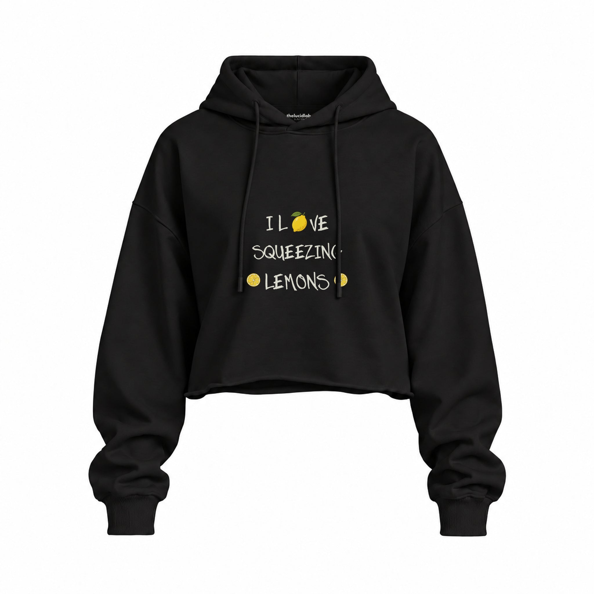 I Love Squeezing Lemons Oversize Crop Hoodie — Siyah — Ön baskı