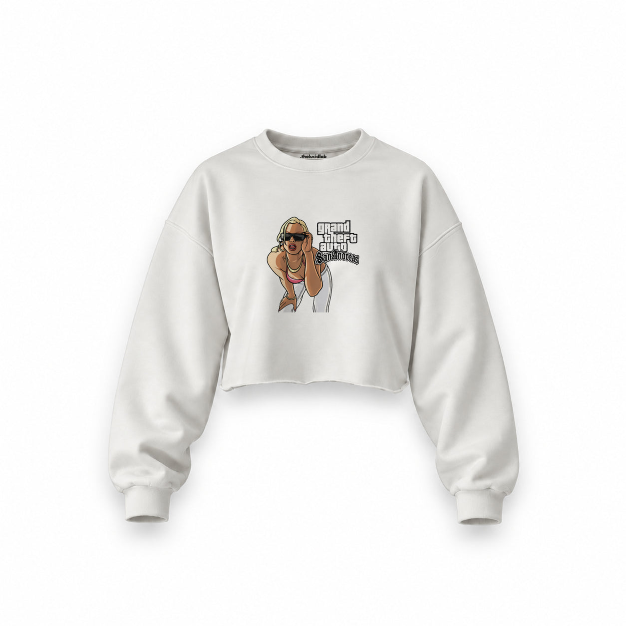 GTA San Andreas Oversize Crop Sweatshirt — Beyaz — Ön baskı