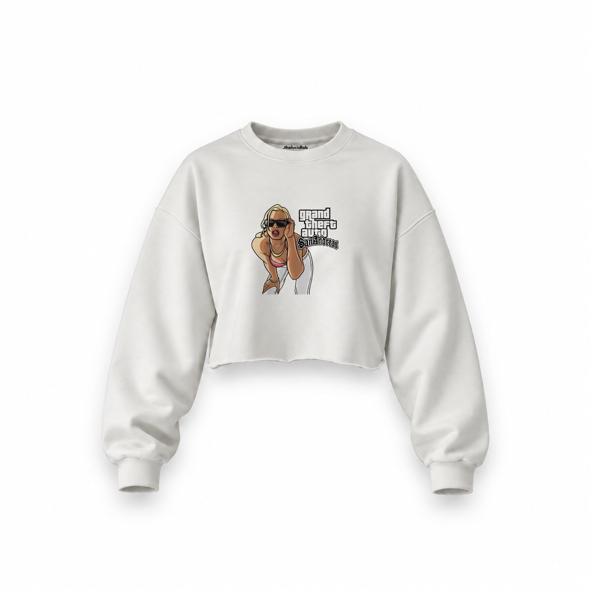 GTA San Andreas Oversize Crop Sweatshirt — Beyaz — Ön baskı