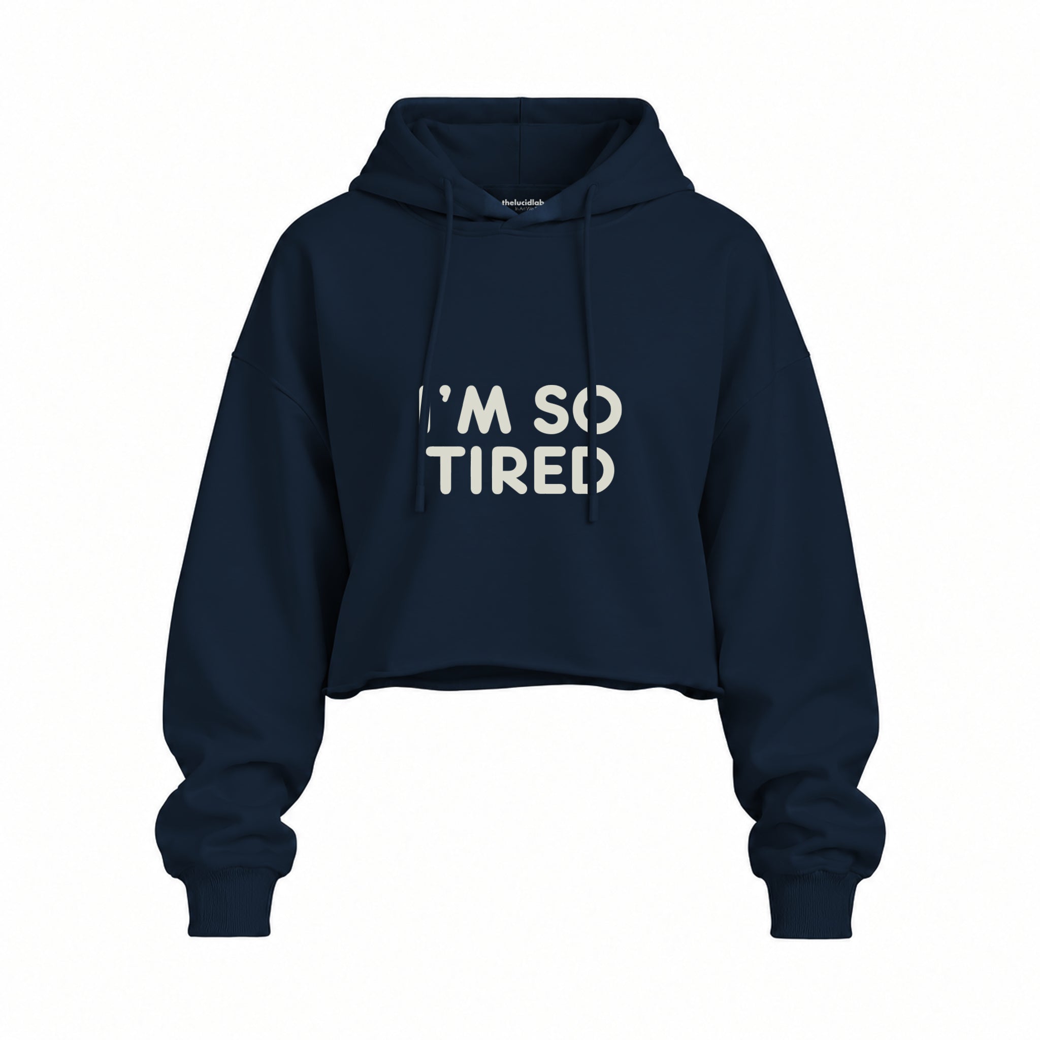 I’m So Tired Oversize Crop Hoodie — Lacivert — ön görünüm