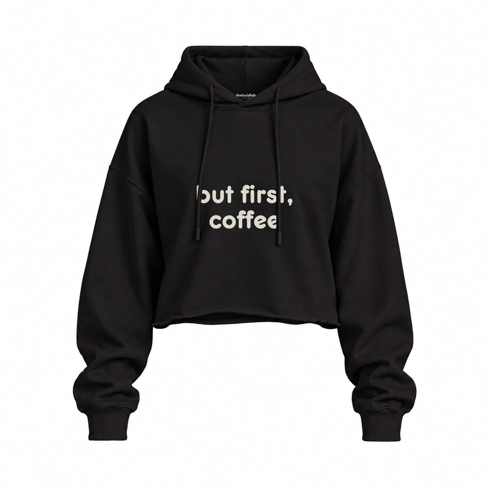 But First, Coffee Oversize Crop Hoodie — Siyah — ön görünüm