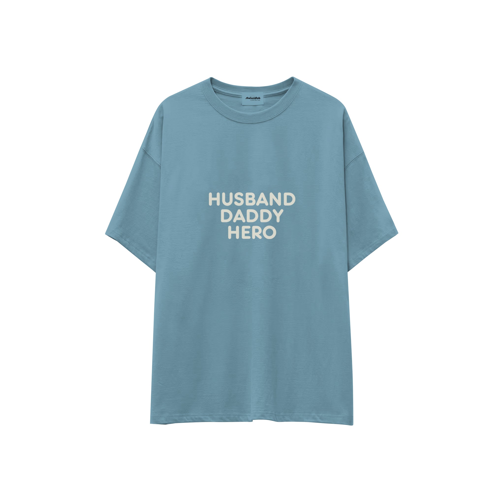 Husband Daddy Hero Oversize Tişört — Çelik Mavi — ön görünüm
