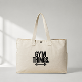 Gym Things Daily Tote Bag – natürel kanvas üzerinde siyah tipografi ve halter