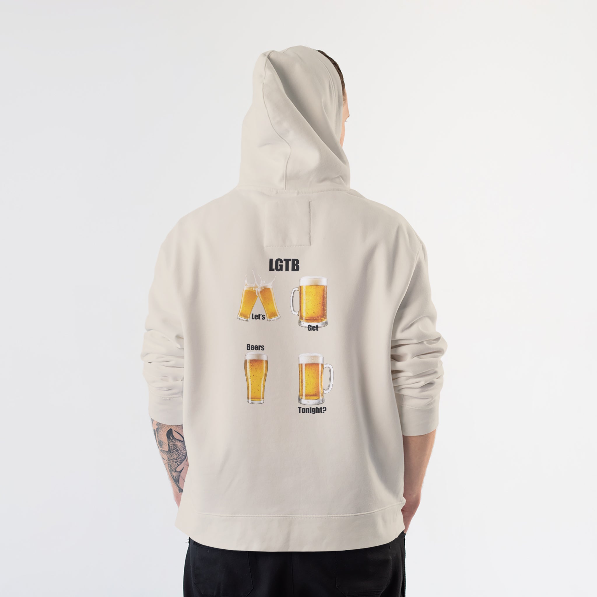 Lets Get Beers Tonight Hoodie – Krem – model üzerinde arka görünüm