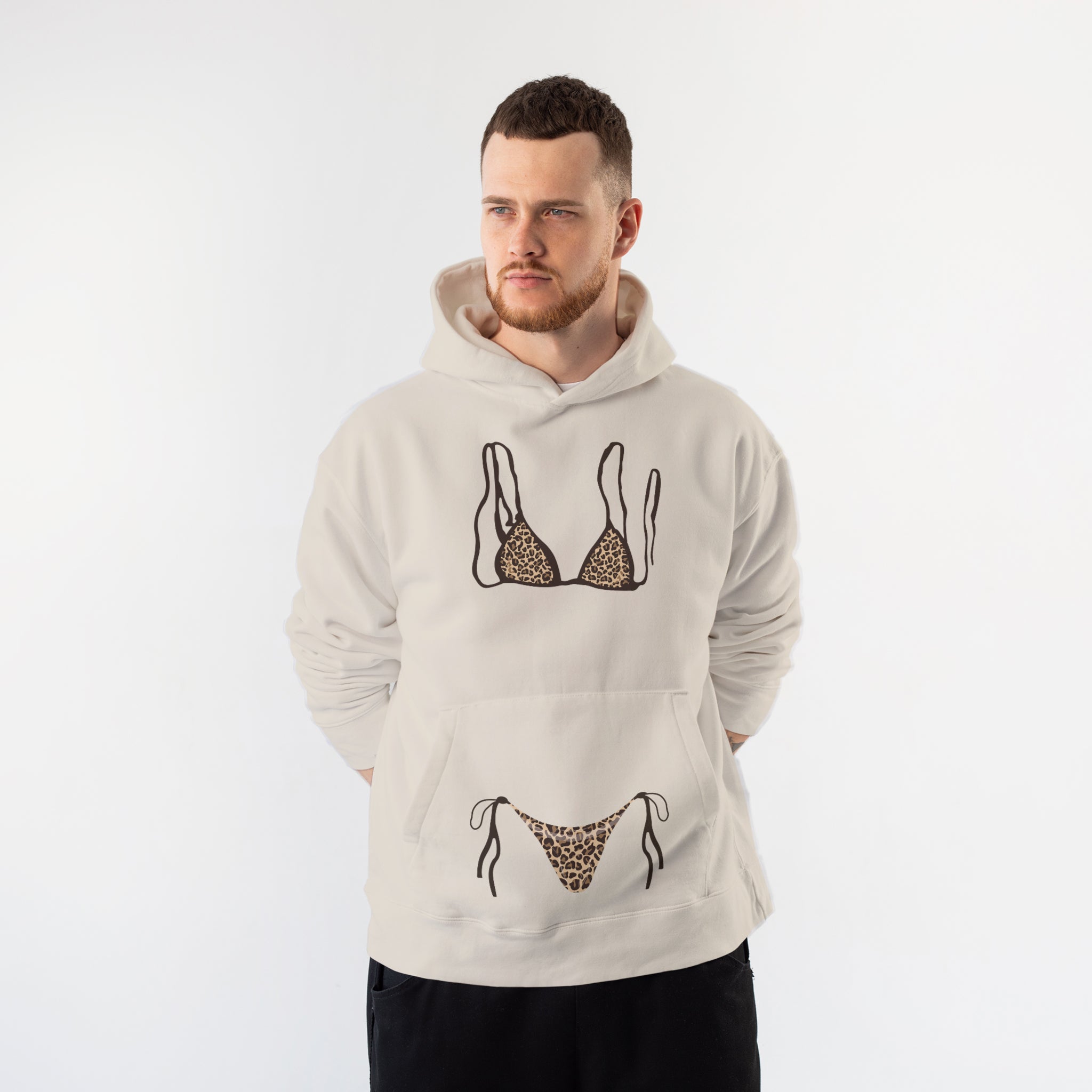 Leopard Bikini Hoodie – Krem – model üzerinde ön görünüm