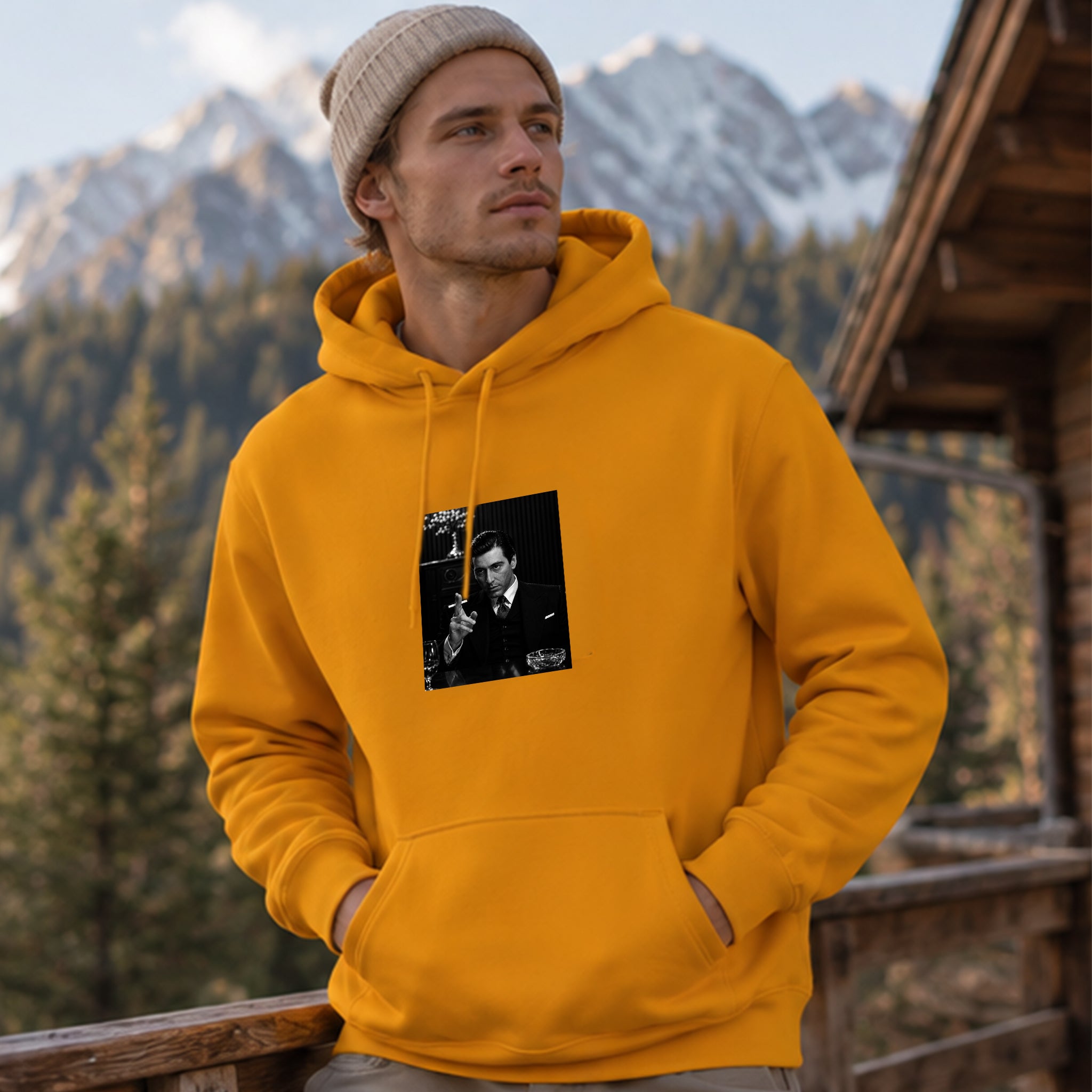 Michael Corleone Hoodie – Turuncu – model üzerinde ön görünüm