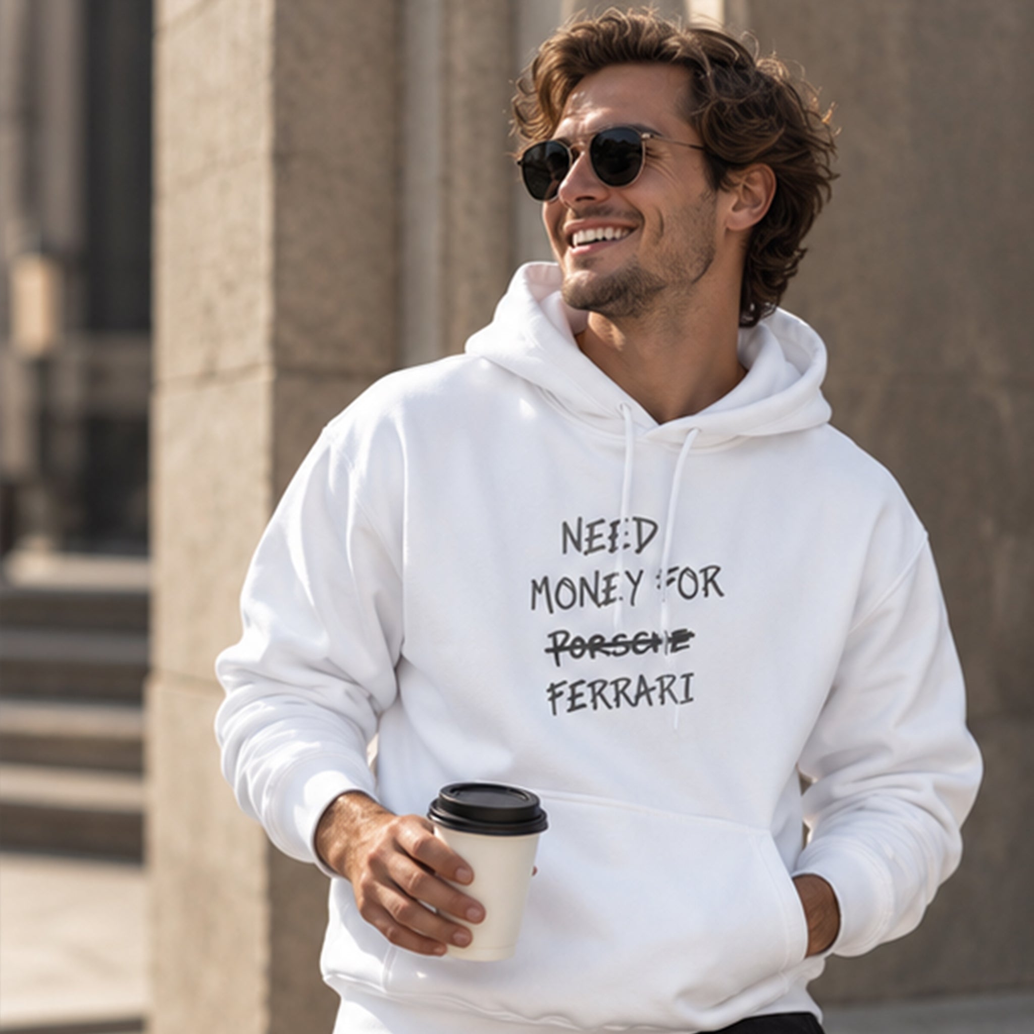 Need Money For Ferrari Hoodie – Beyaz – model üzerinde ön görünüm