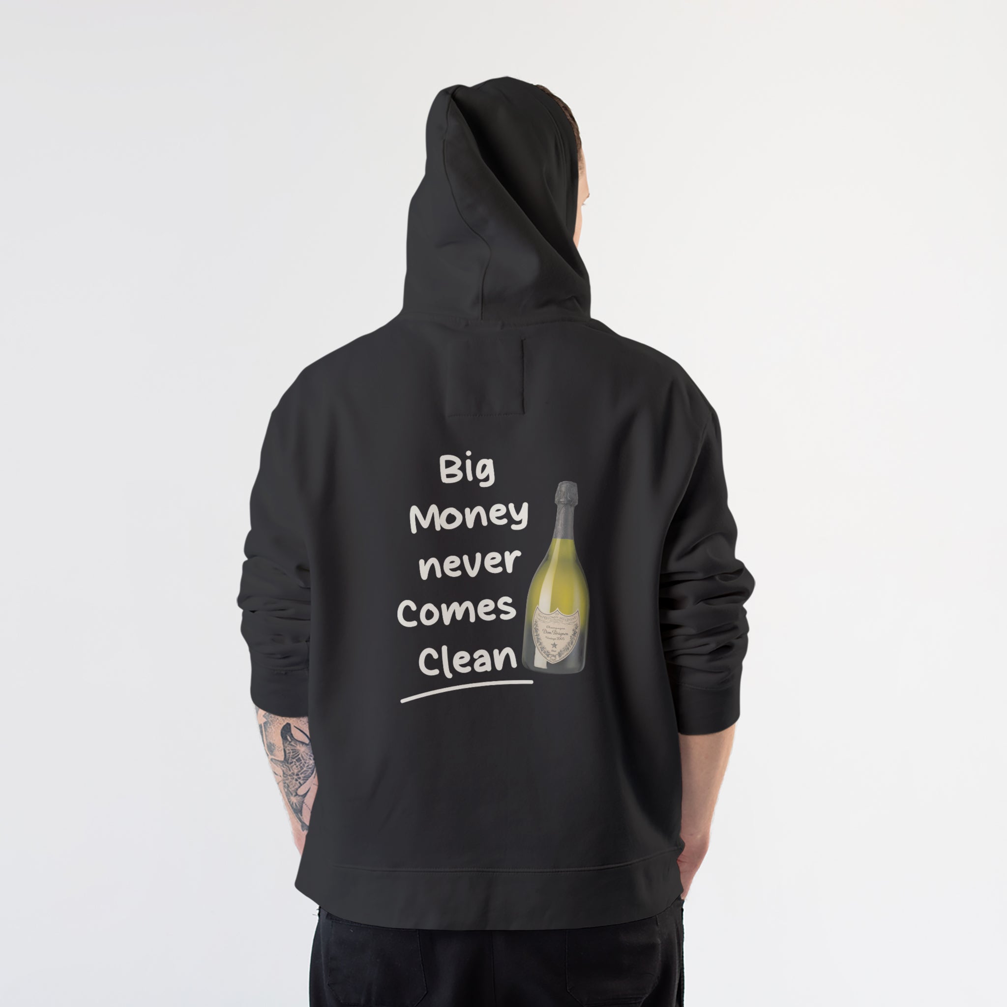 Big Money Never Comes Clean Hoodie – Siyah – model üzerinde arka görünüm