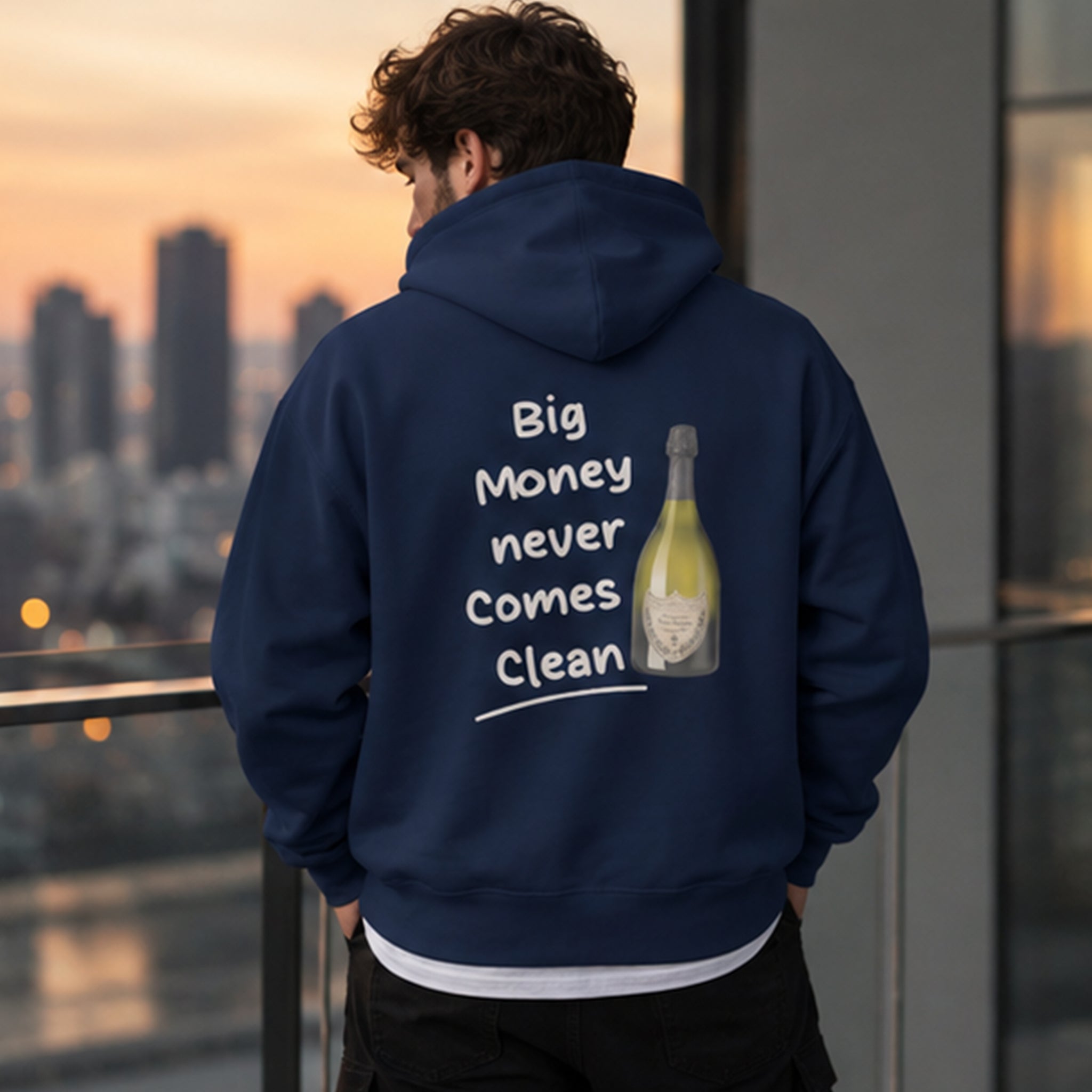 Big Money Never Comes Clean Hoodie – Lacivert – model üzerinde arka görünüm