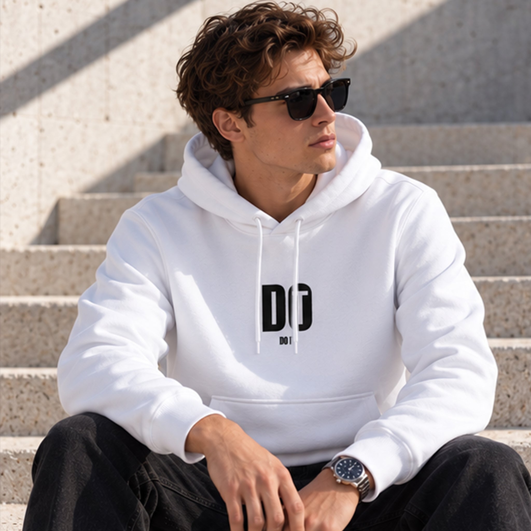 DO IT Hoodie – Beyaz – model üzerinde ön görünüm