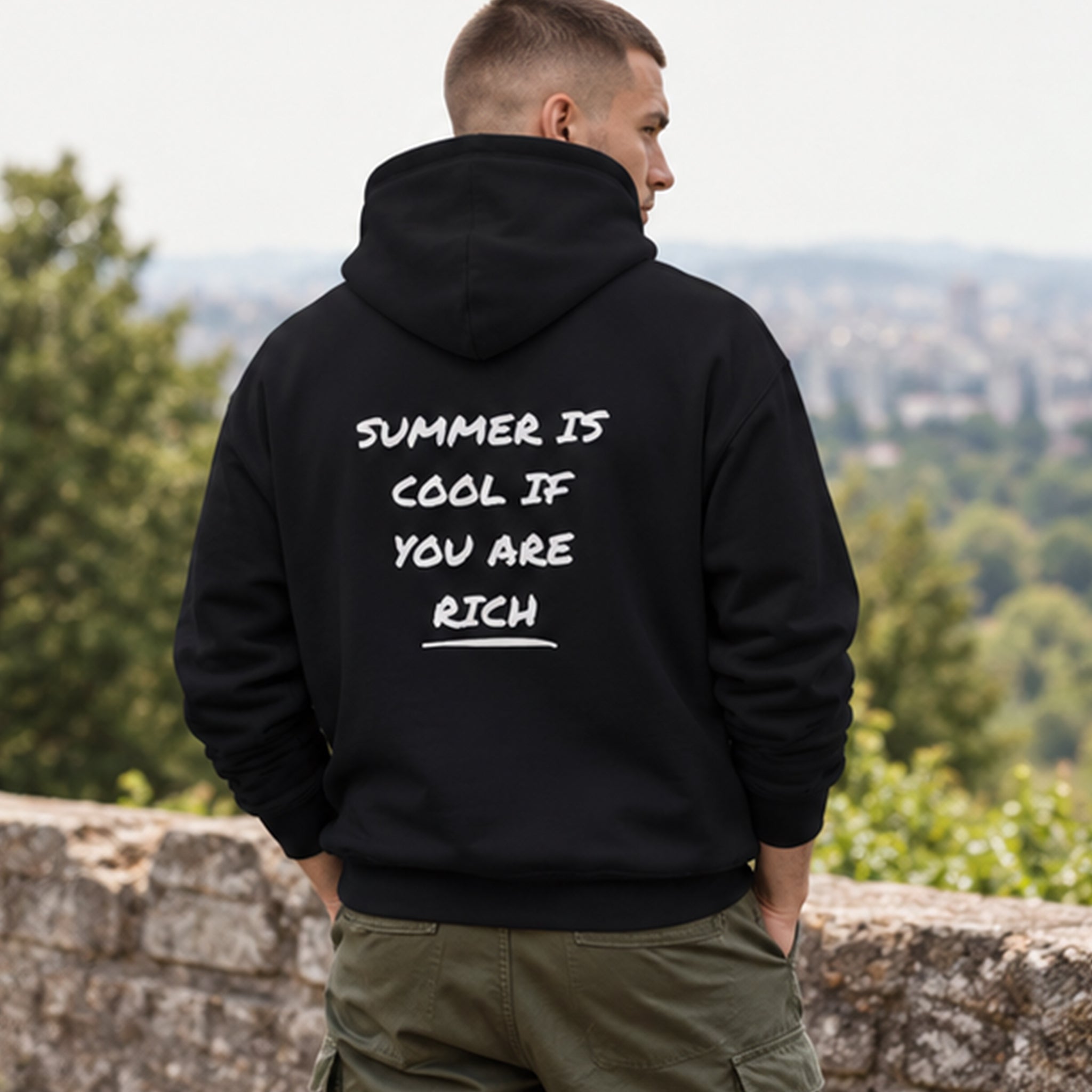 Summer Is Cool If You're Rich Hoodie – Siyah – model üzerinde arka görünüm