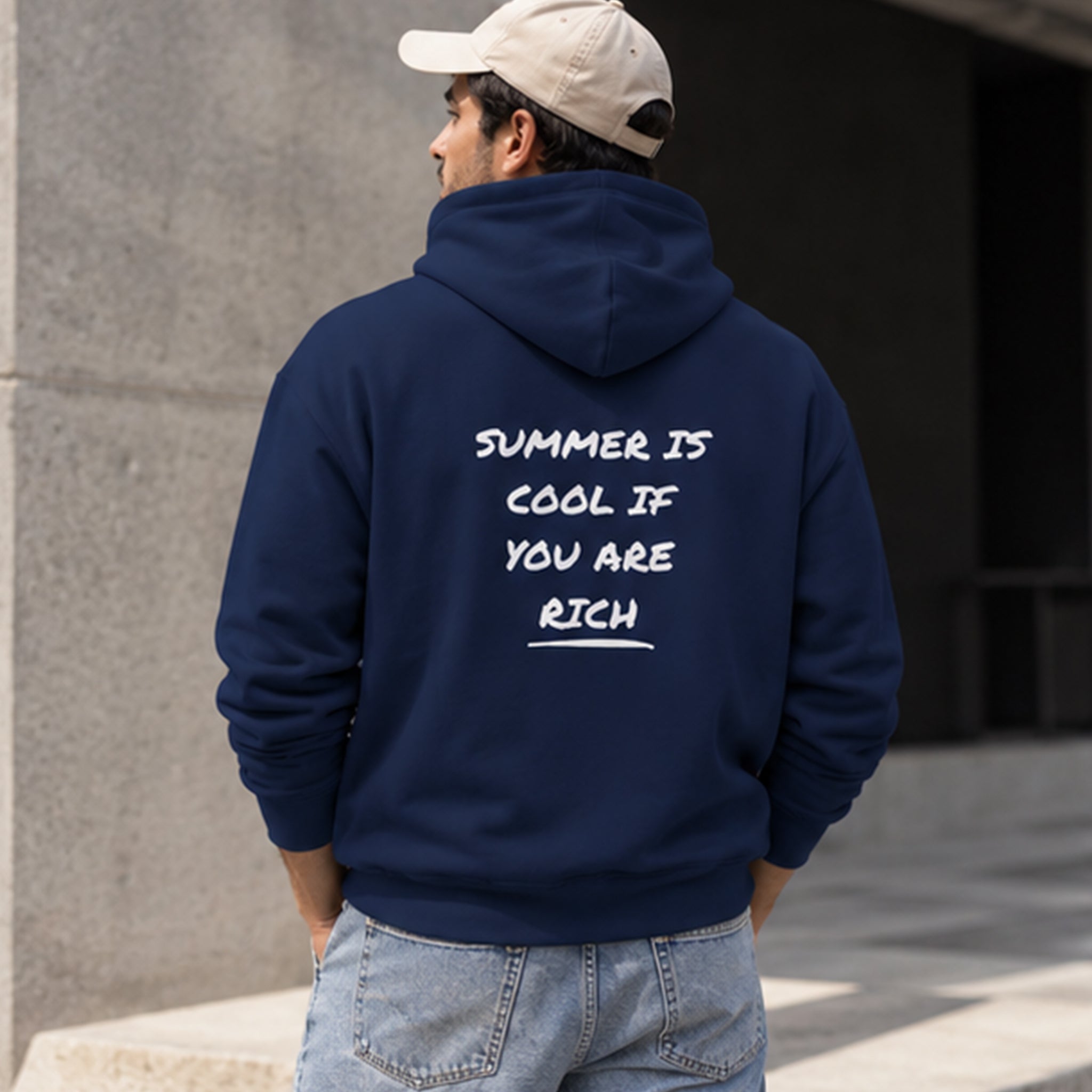 Summer Is Cool If You're Rich Hoodie – Lacivert – model üzerinde arka görünüm