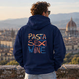 Pasta Sex Wine Hoodie – Lacivert – model üzerinde arka görünüm