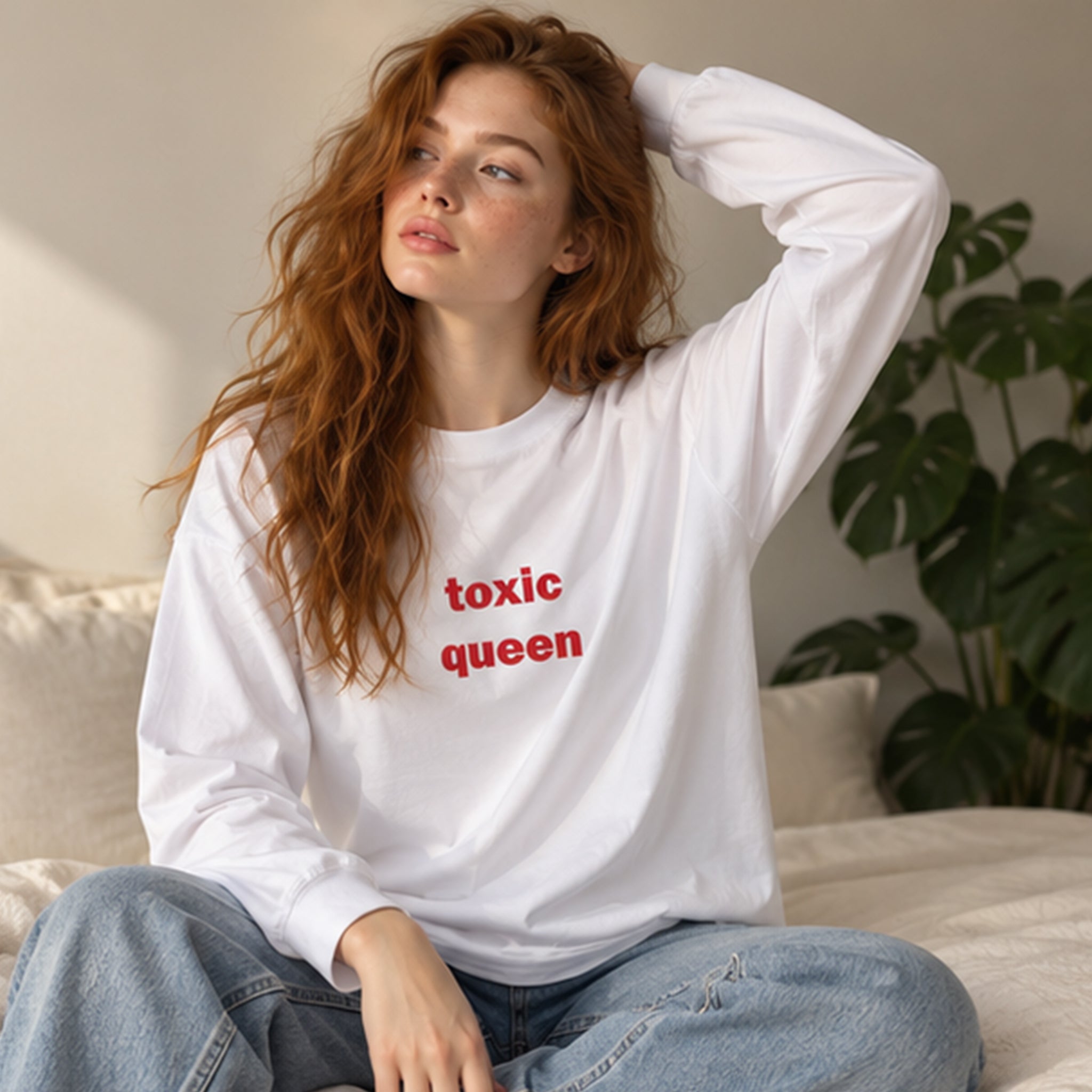 Toxic Queen Oversize Sweatshirt – Beyaz – model üzerinde ön görünüm