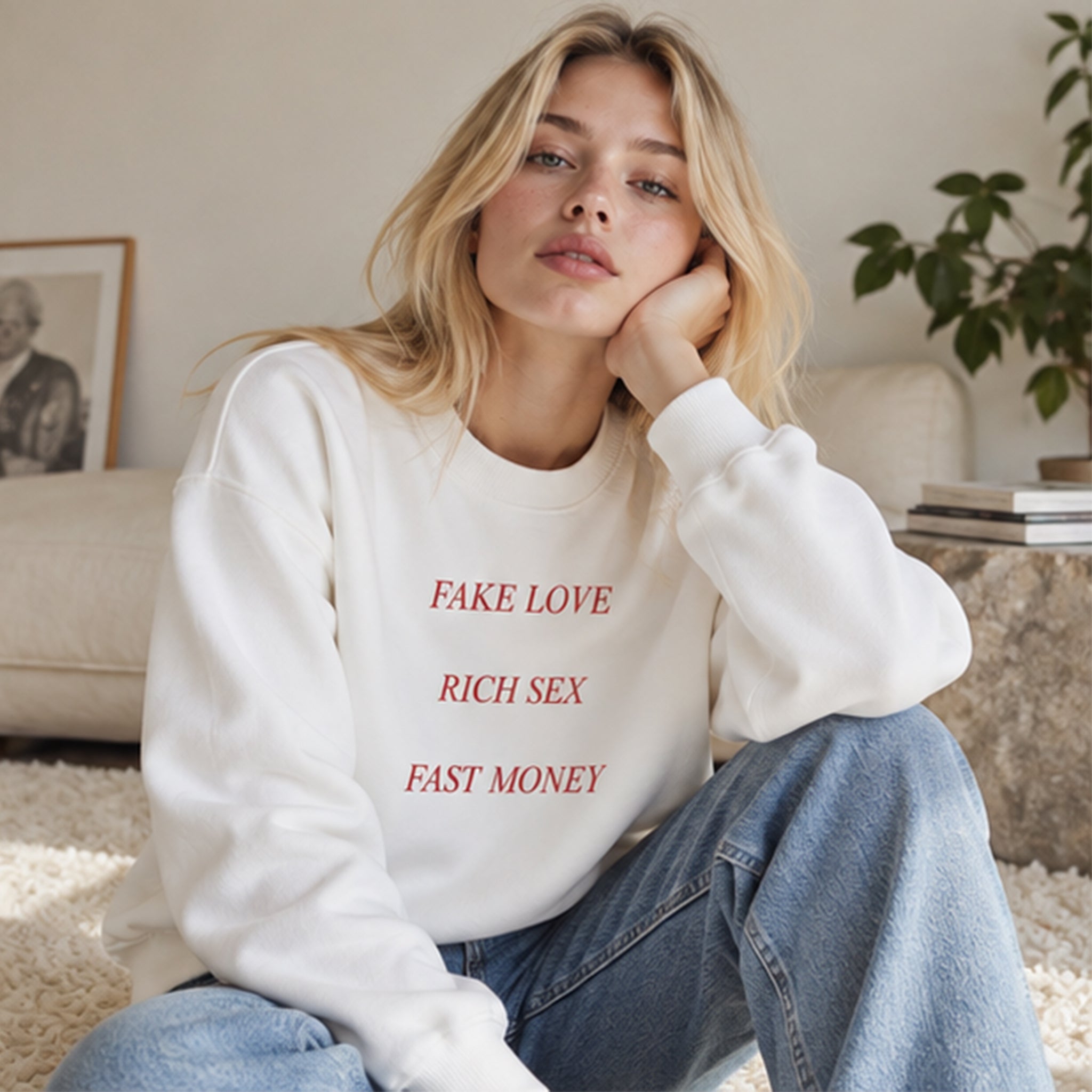 Fake Love Rich Sex Fast Money Oversize Sweatshirt – Beyaz – model üzerinde ön görünüm