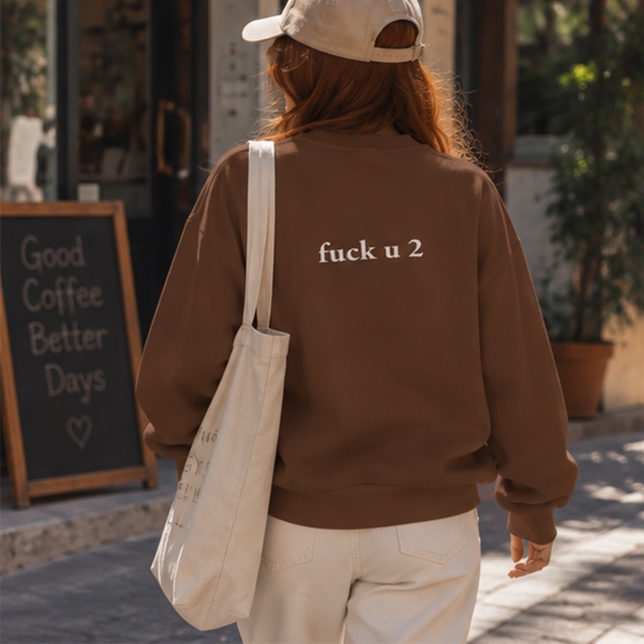 FUCK U Oversize Sweatshirt – Kahverengi – model üzerinde arka görünüm