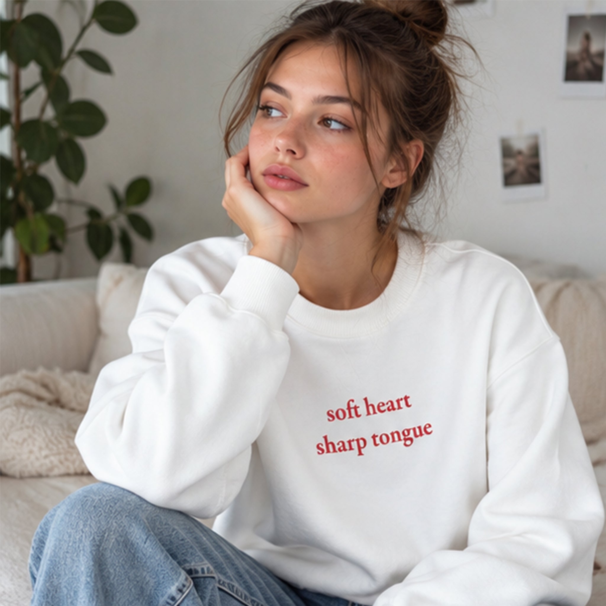 Soft Heart Sharp Tongue Oversize Sweatshirt – Beyaz – model üzerinde ön görünüm