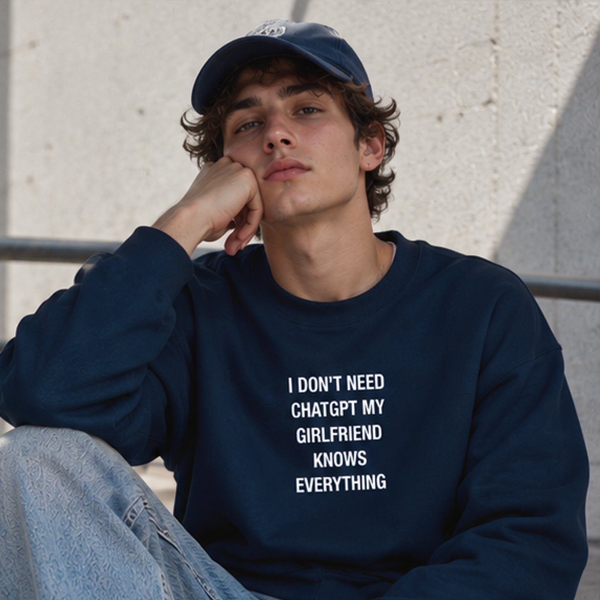 Girlfriend Knows Everything Oversize Sweatshirt – Lacivert – model üzerinde ön görünüm