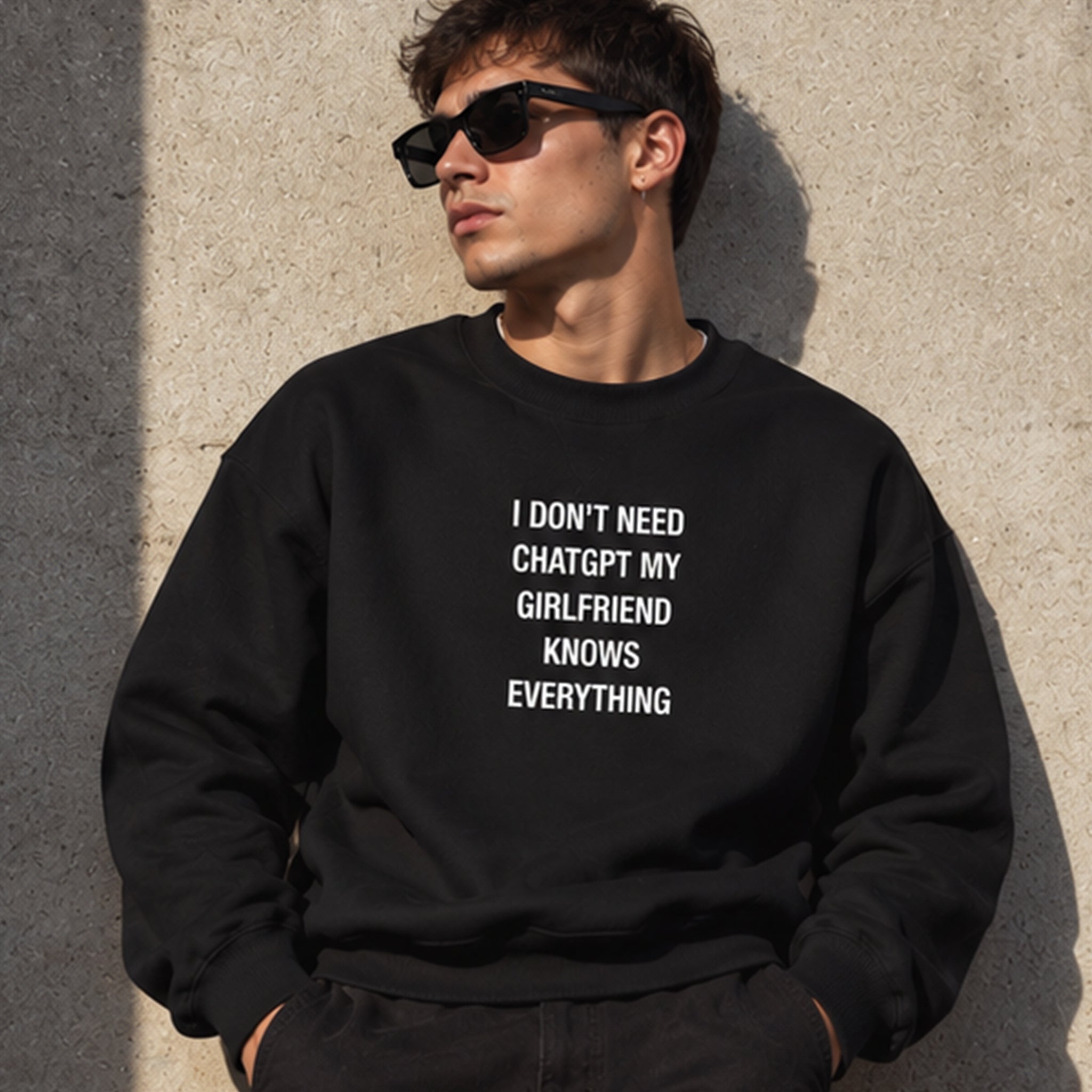 Girlfriend Knows Everything Oversize Sweatshirt – Siyah – model üzerinde ön görünüm
