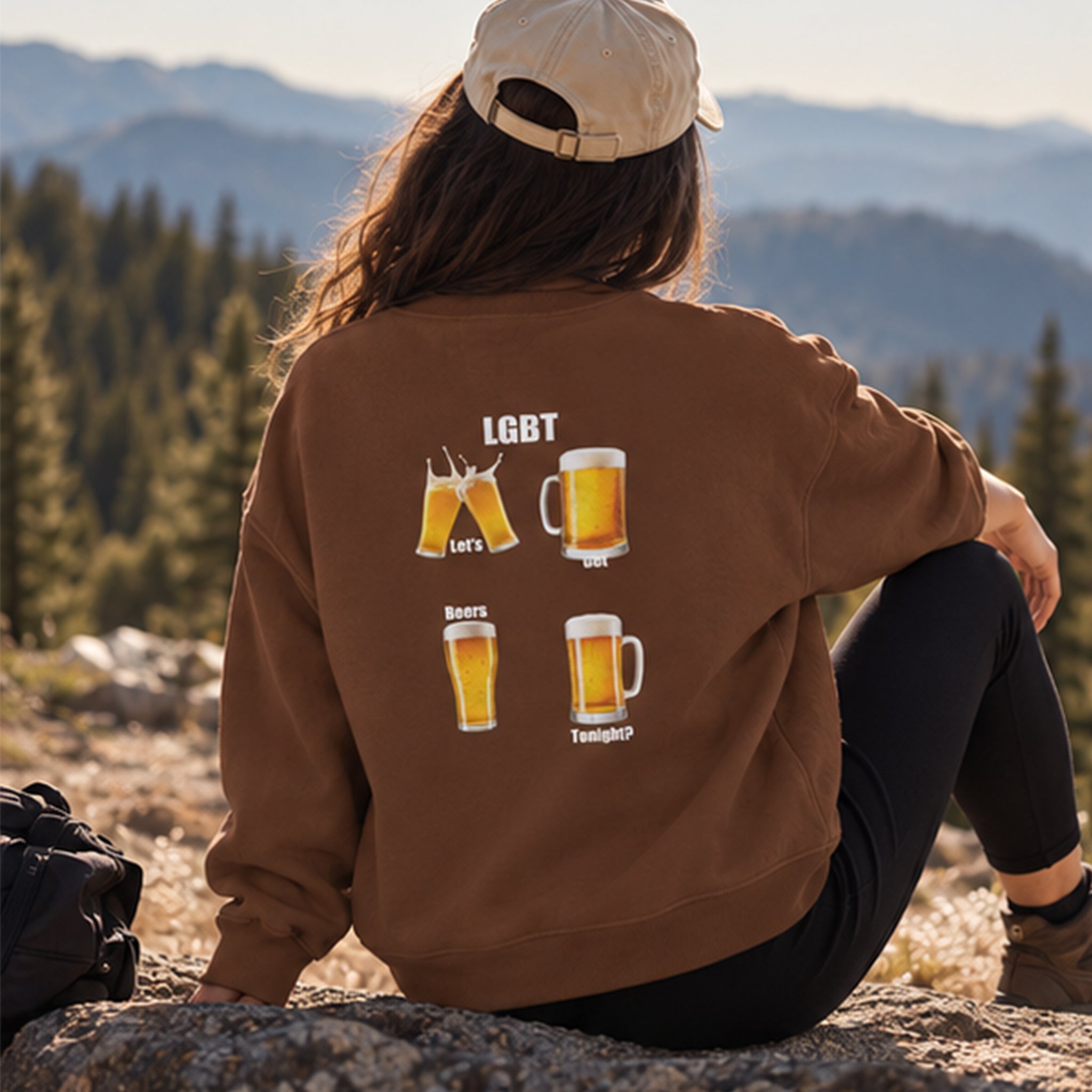 Lets Get Beers Tonight Oversize Sweatshirt – Kahverengi – model üzerinde arka görünüm