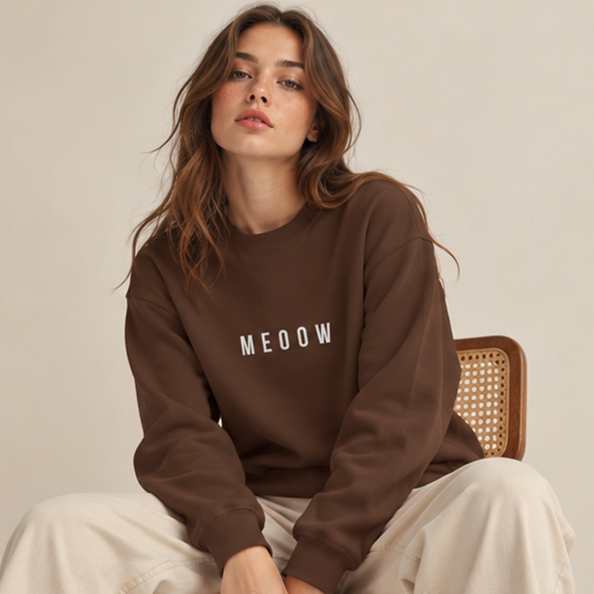 Meoow Oversize Sweatshirt – Kahverengi – model üzerinde ön görünüm