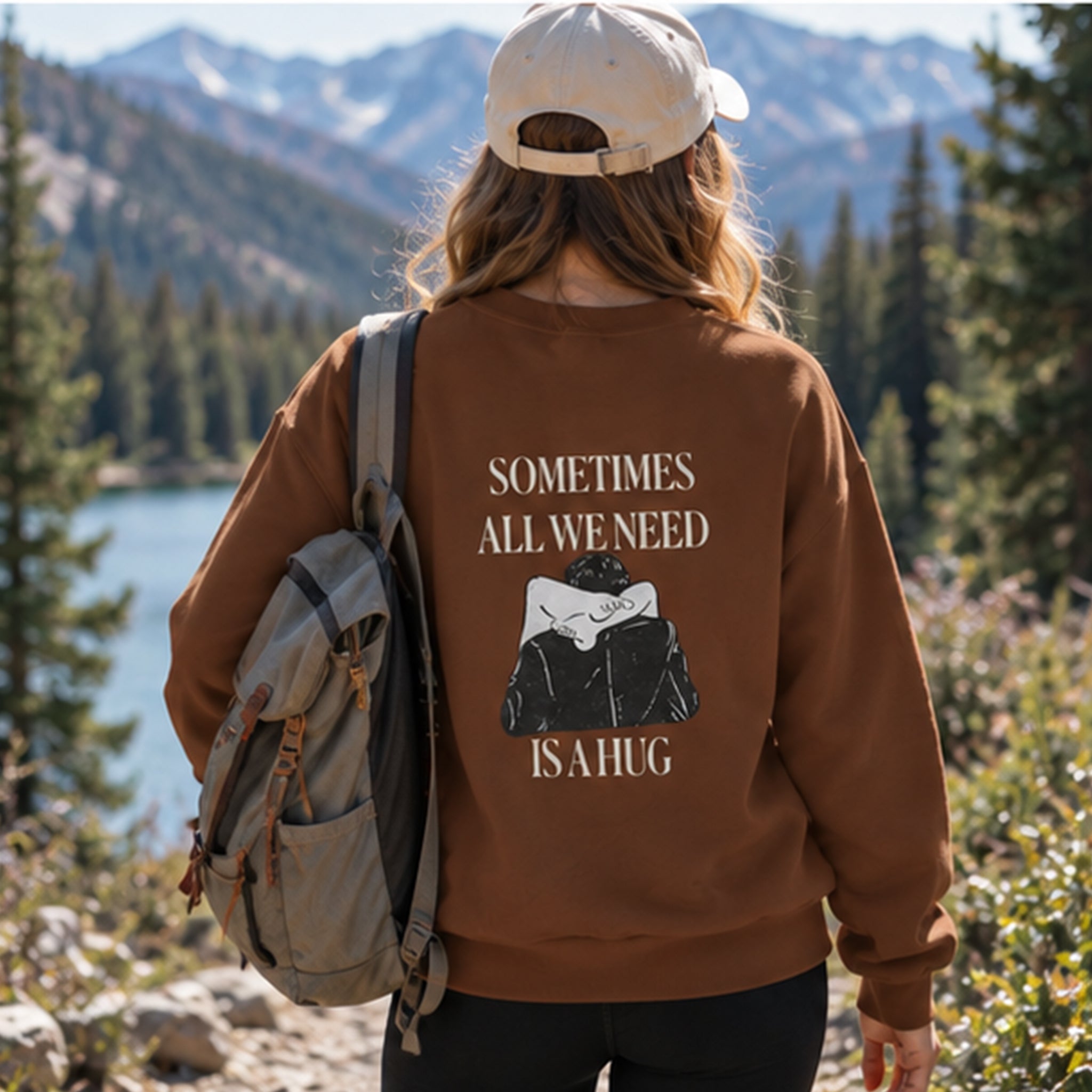 We Need A Hug Oversize Sweatshirt – Kahverengi – model üzerinde arka görünüm