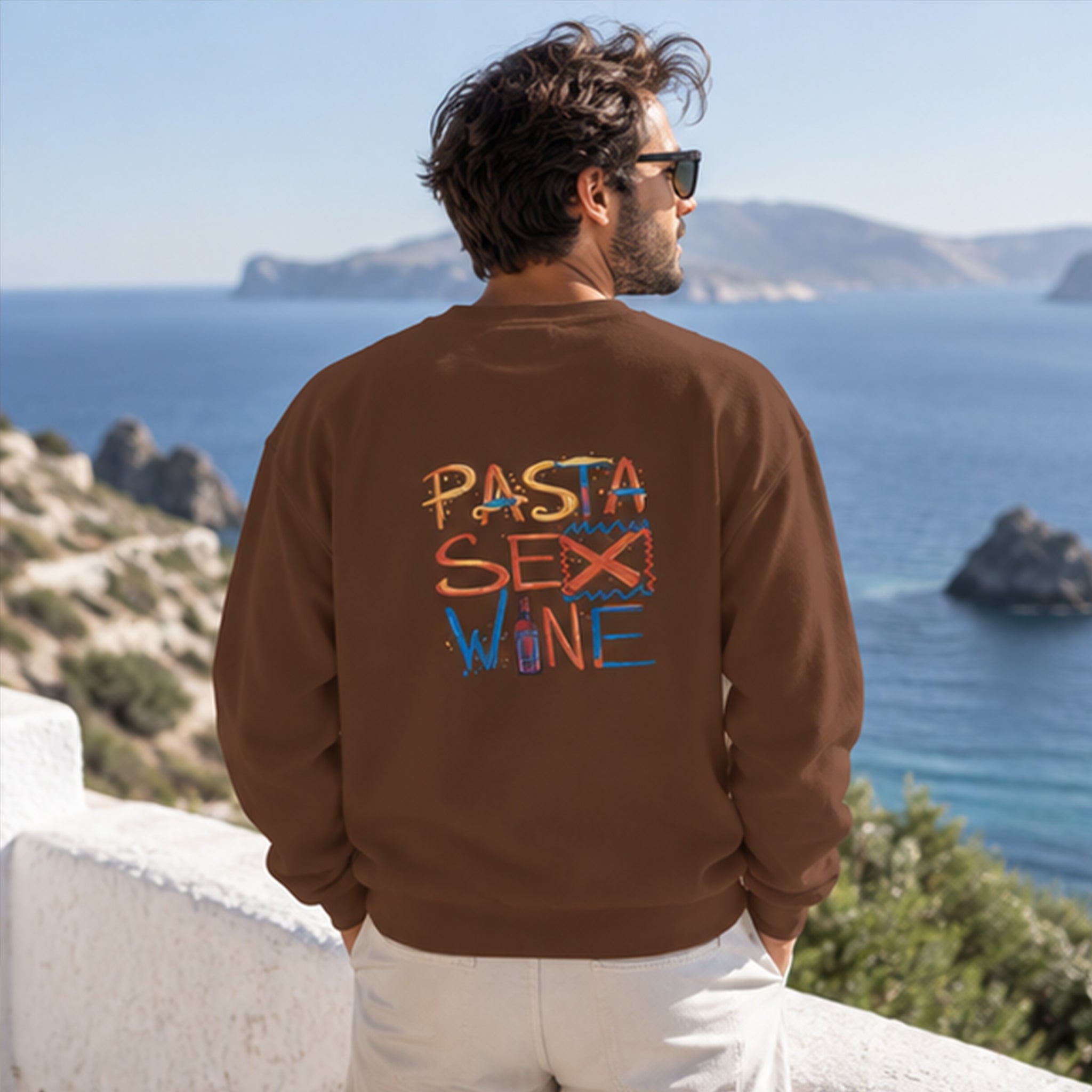 Pasta Sex Wine Oversize Sweatshirt – Kahverengi – model üzerinde arka görünüm