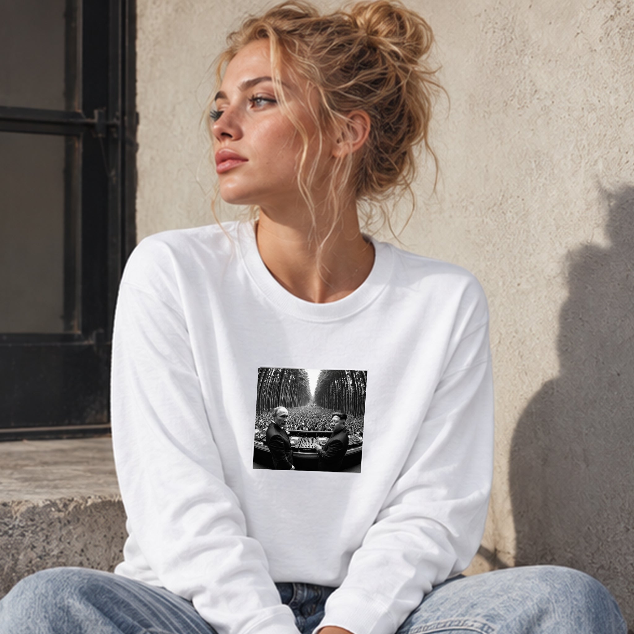 No Requests Sweatshirt – Beyaz – model üzerinde ön görünüm