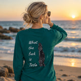 What The Fuck Is Tesla Sweatshirt – Koyu Yeşil – model üzerinde arka görünüm
