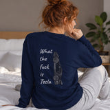 What The Fuck Is Tesla Sweatshirt – Lacivert – model üzerinde arka görünüm