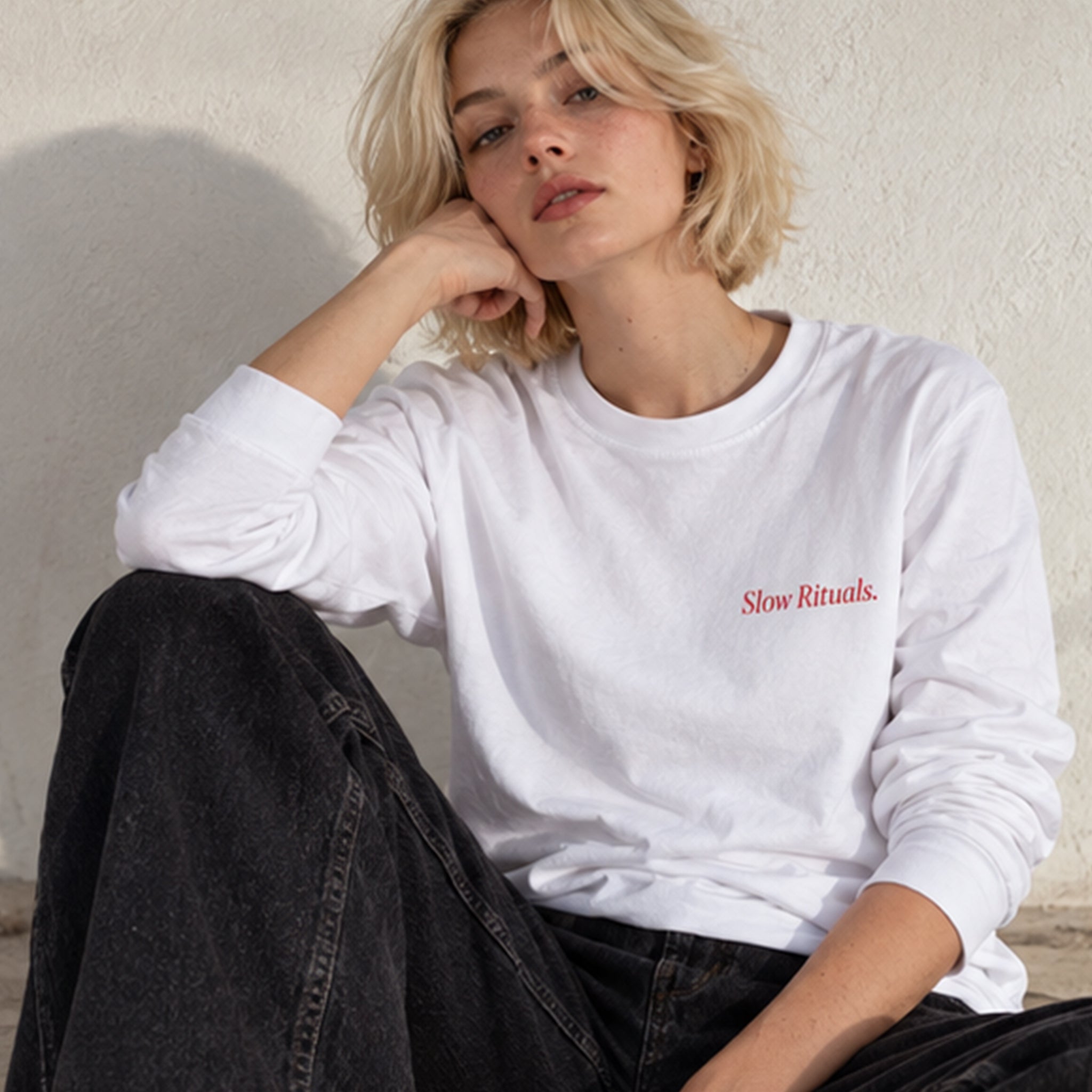 Slow Sunday Coffee Club Sweatshirt – Beyaz – model üzerinde ön görünüm