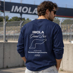 Imola Grand Prix Sweatshirt – Lacivert – model üzerinde arka görünüm
