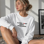 Eating Pussy Cures Depression Sweatshirt – Beyaz – model üzerinde ön görünüm