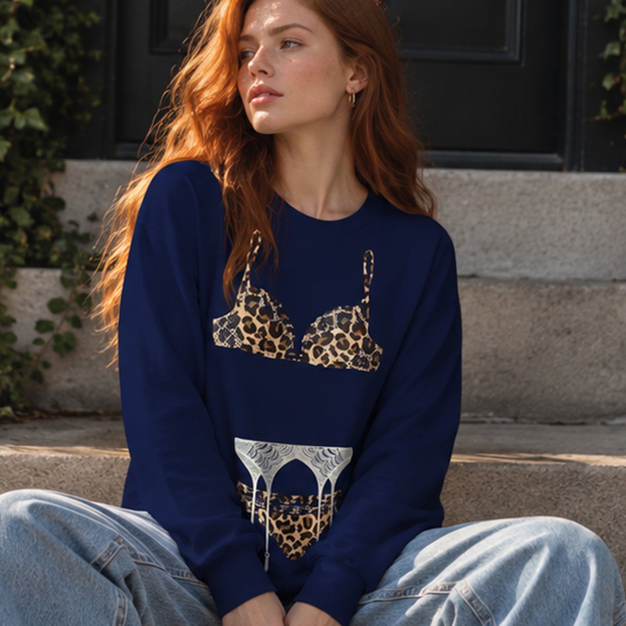 Noir Seduce – Leopard Sweatshirt – Lacivert – model üzerinde ön görünüm