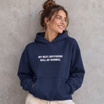 My Next Boyfriend Will Be Normal Oversize Hoodie – Lacivert – model üzerinde ön görünüm