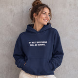 My Next Boyfriend Will Be Normal Oversize Hoodie – Lacivert – model üzerinde ön görünüm