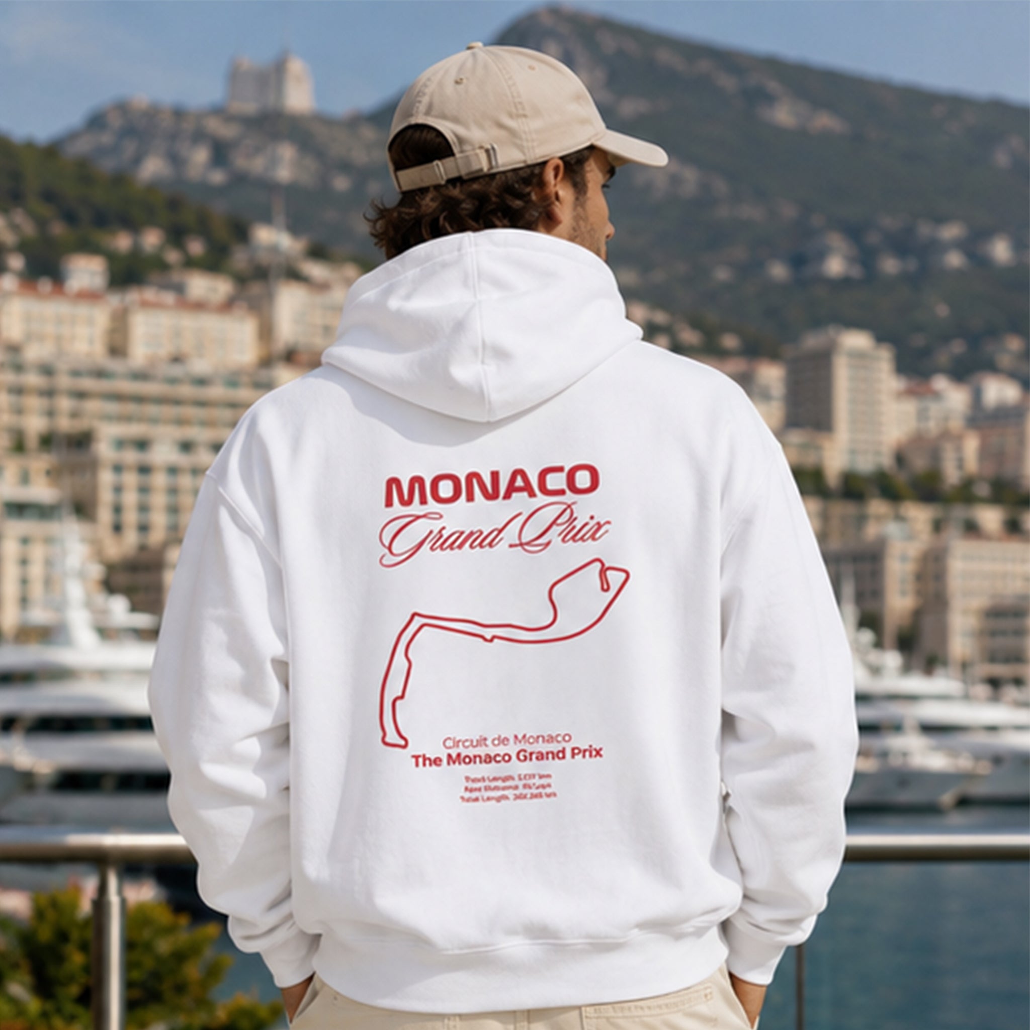 Monaco Grand Prix Oversize Hoodie – Beyaz – model üzerinde arka görünüm