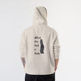 What The Fuck Is Tesla Hoodie – Krem – model üzerinde arka görünüm