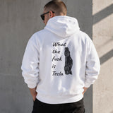 What The Fuck Is Tesla Hoodie – Beyaz – model üzerinde arka görünüm