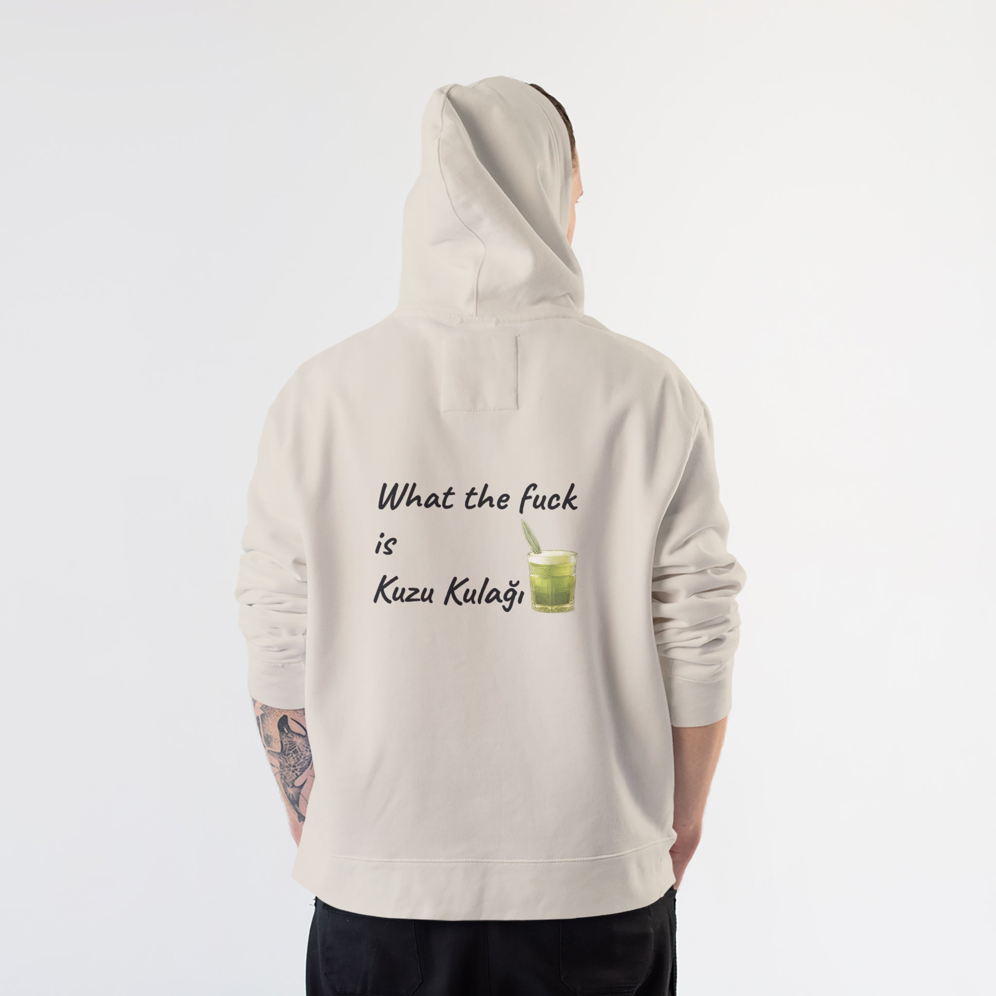 What The Fuck Is Kuzu Kulağı Hoodie – Krem – model üzerinde arka görünüm
