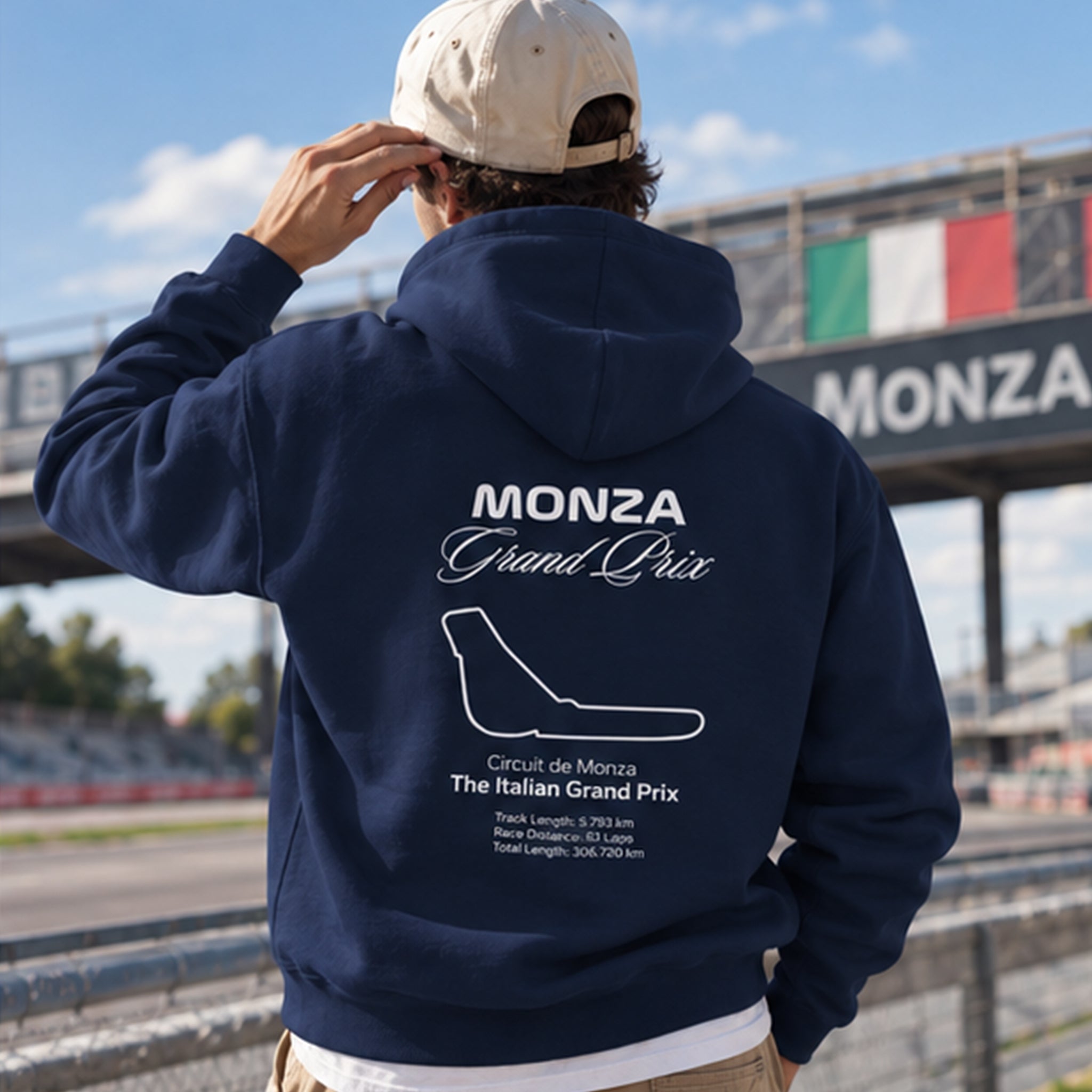 Monza Grand Prix Hoodie – Lacivert – model üzerinde arka görünüm