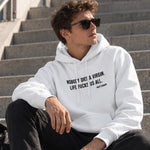 Nobody Dies A Virgin Life Fucks Us All Hoodie – Beyaz – model üzerinde ön görünüm