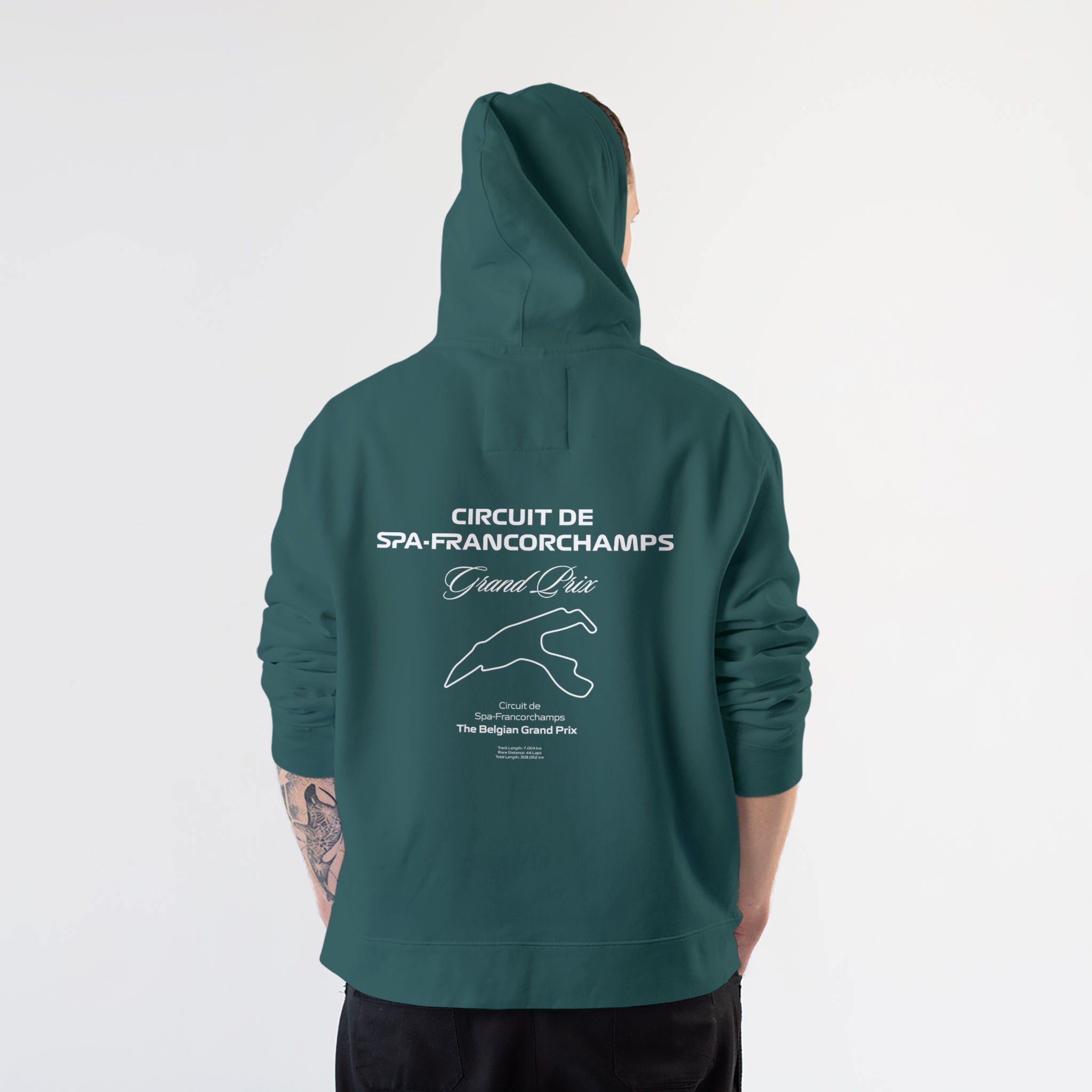 Spa-Francorchamps Grand Prix Hoodie – Koyu Yeşil – model üzerinde arka görünüm
