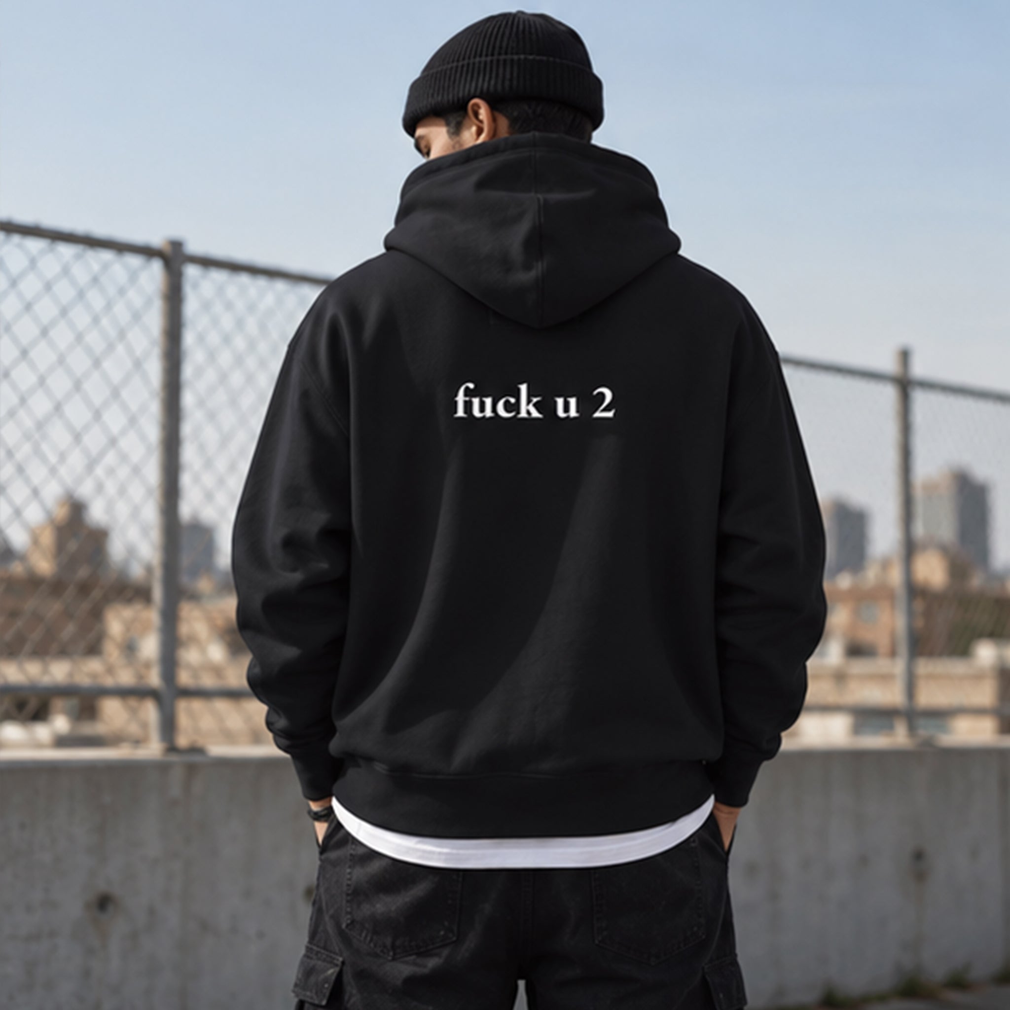 FUCK U Hoodie – Siyah – model üzerinde arka görünüm