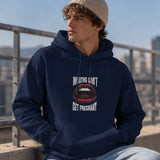 Mouths Can't Get Pregnant Hoodie – Lacivert – model üzerinde ön görünüm